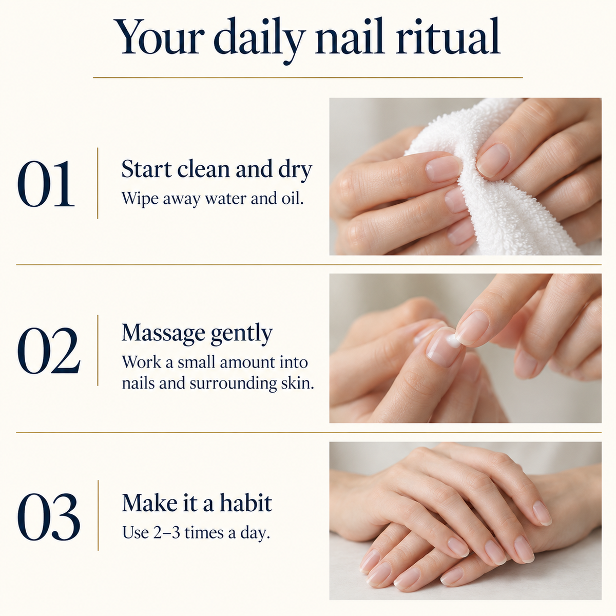 How to use nail cream on clean dry nails two to three times daily