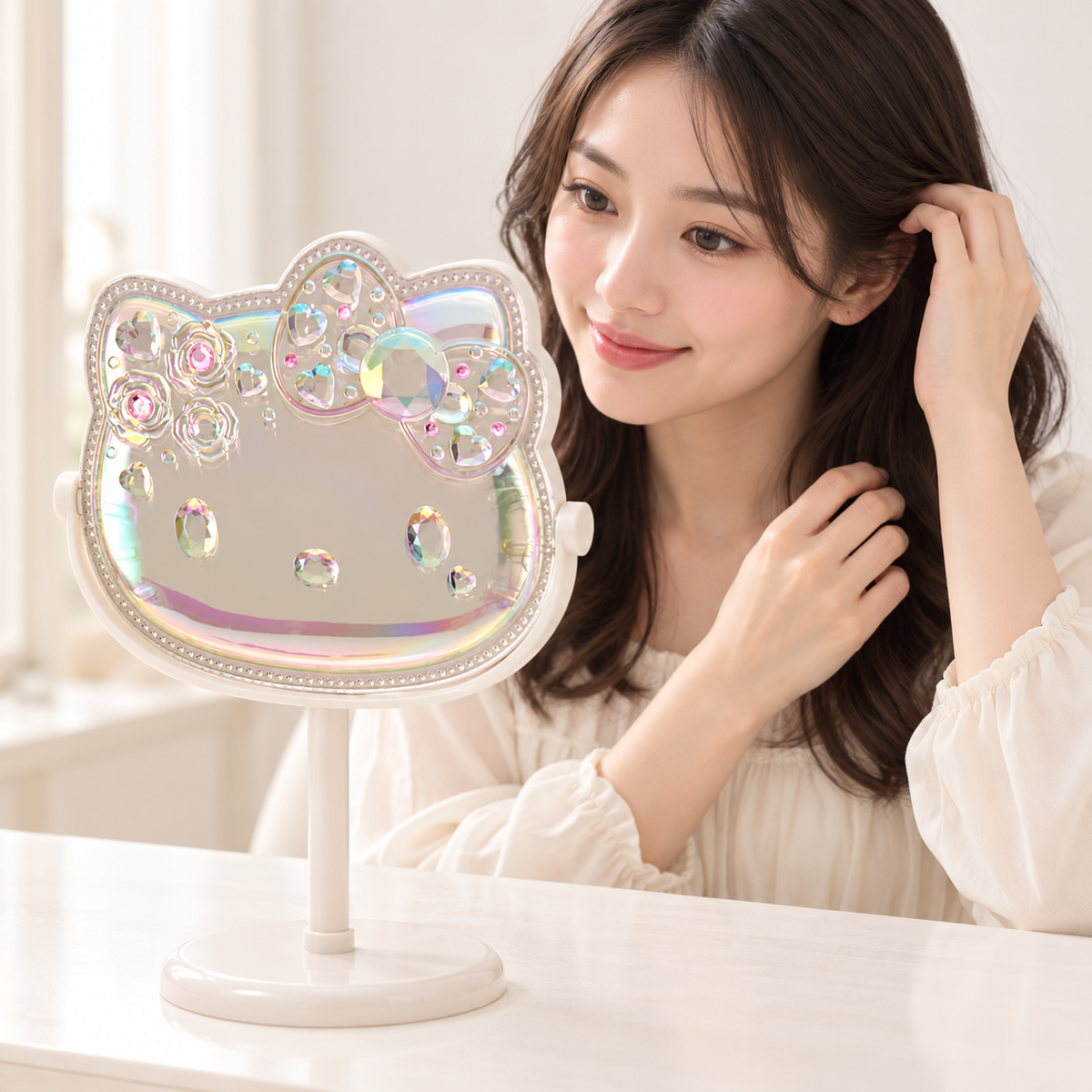 Styling illustration of Hello Kitty stand mirror on a vanity