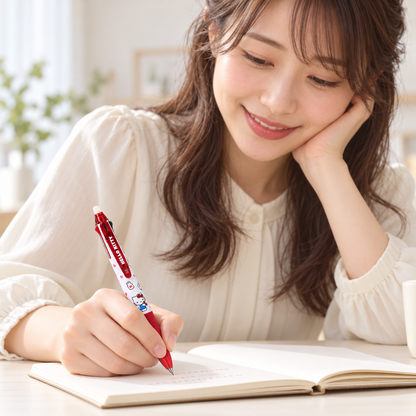 Styling illustration of a woman writing with Hello Kitty FriXion Ball3 Slim