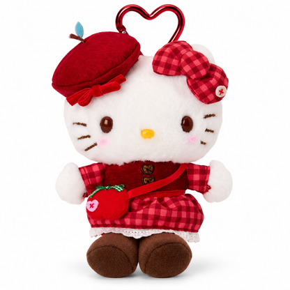 Hello Kitty Autumn Apple plush mascot with red gingham outfit and heart carabiner