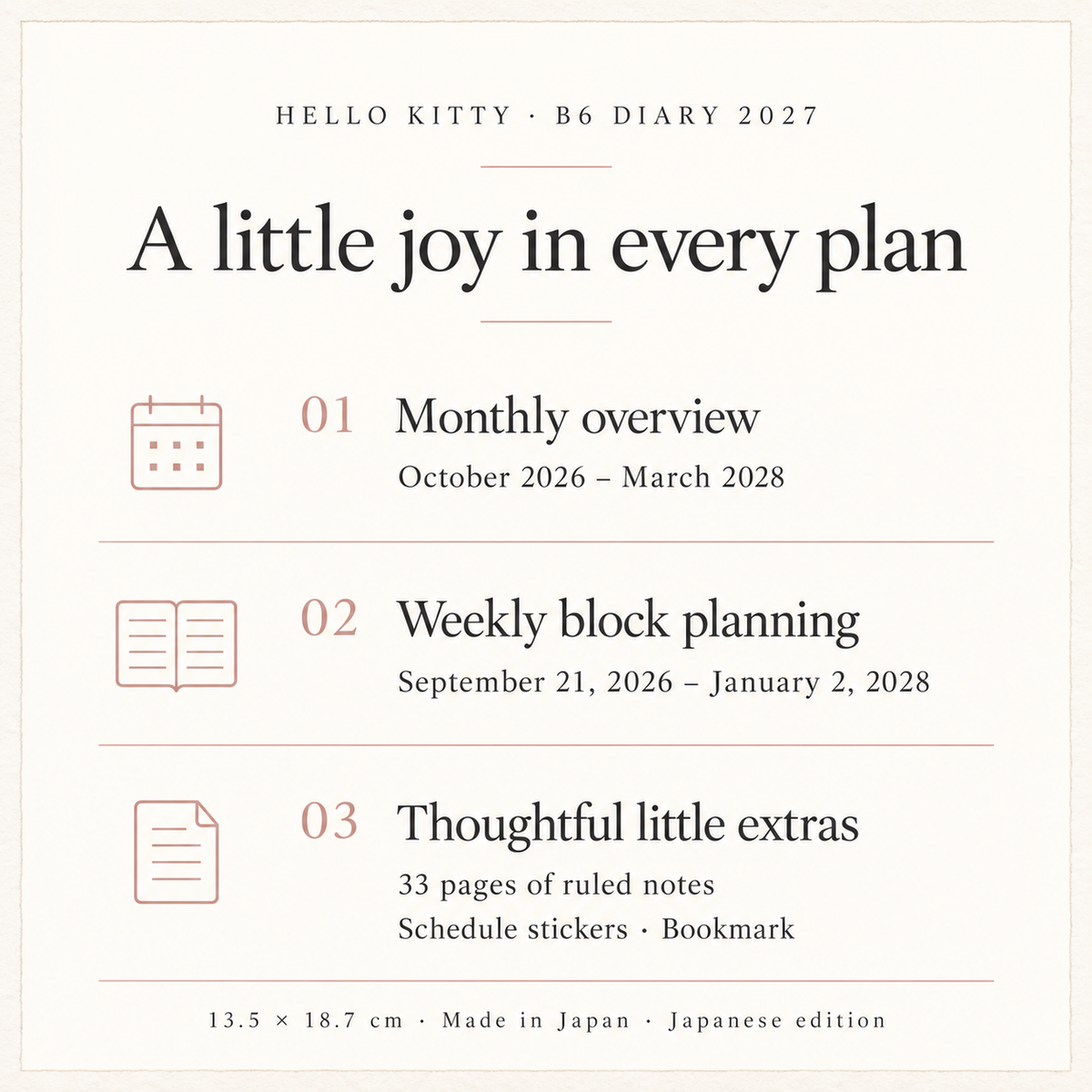 English guide to Hello Kitty diary 2027 dates and features