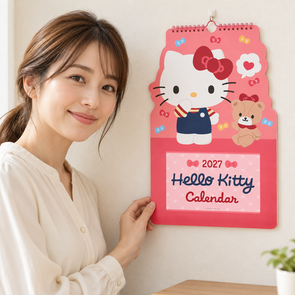 Original adult Japanese model beside Hello Kitty 2027 wall calendar