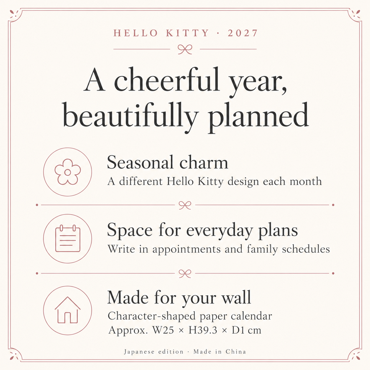 English features and dimensions of Hello Kitty 2027 wall calendar