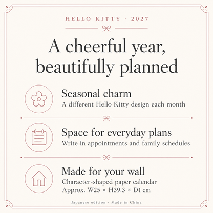 English features and dimensions of Hello Kitty 2027 wall calendar