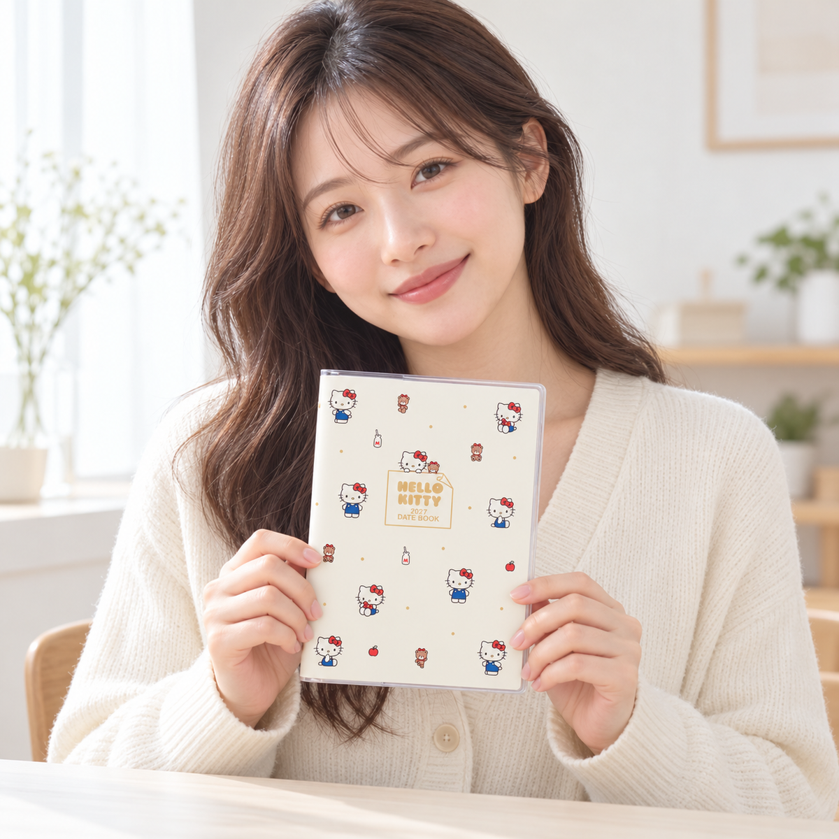 Japanese adult model holding the Hello Kitty B6 Datebook — AI-generated lifestyle image