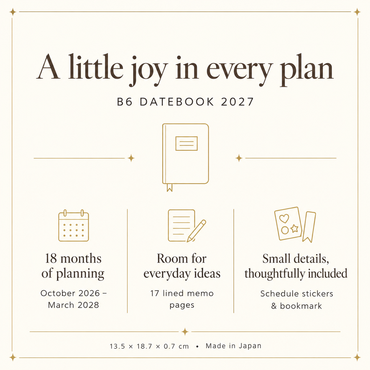B6 Datebook 2027 — 18 months, memo pages, stickers and bookmark