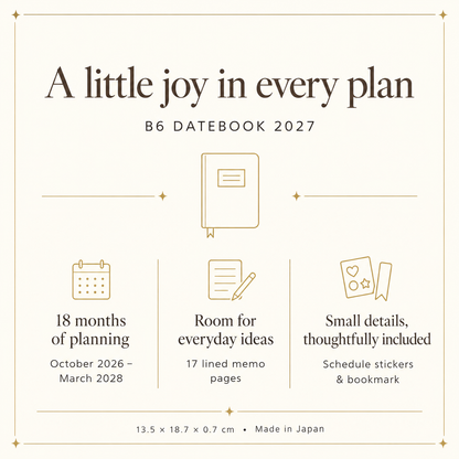 B6 Datebook 2027 — 18 months, memo pages, stickers and bookmark