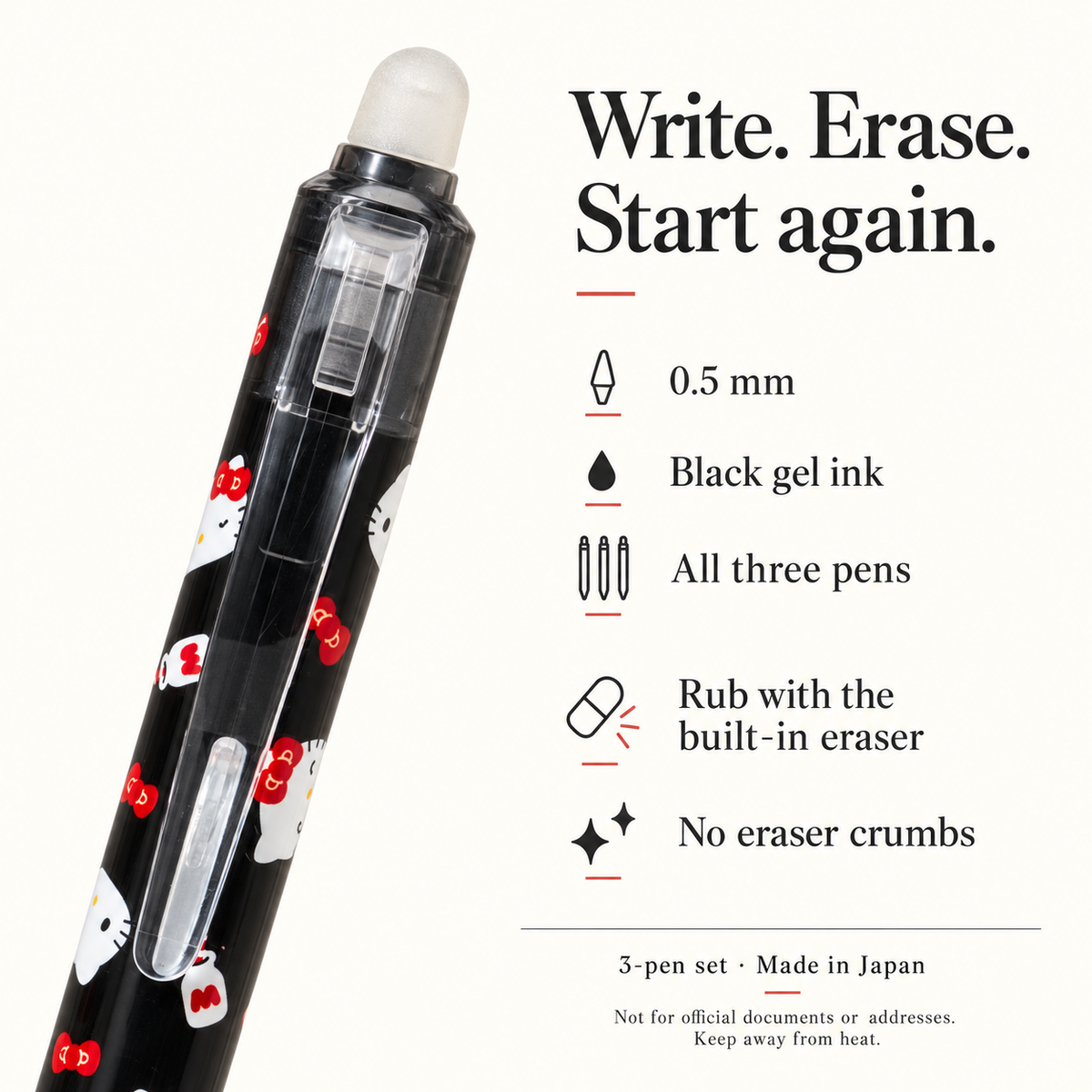 Hello Kitty FriXion 0.5 mm erasable black gel pen three-pack — features