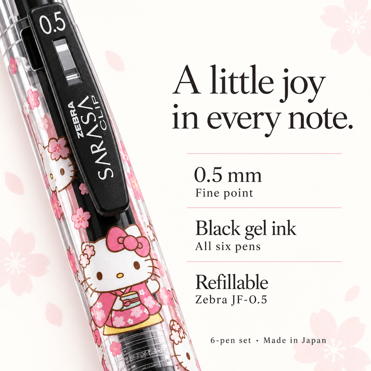 Hello Kitty Pink Kimono SARASA 0.5 mm black gel pens, six-pen set — features
