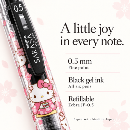 Hello Kitty Pink Kimono SARASA 0.5 mm black gel pens, six-pen set — features
