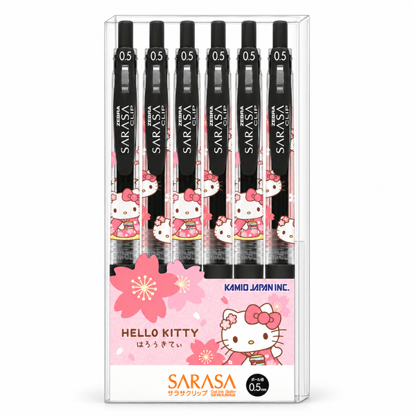 Hello Kitty Pink Kimono SARASA 0.5 mm black gel pens, six-pen set — hero