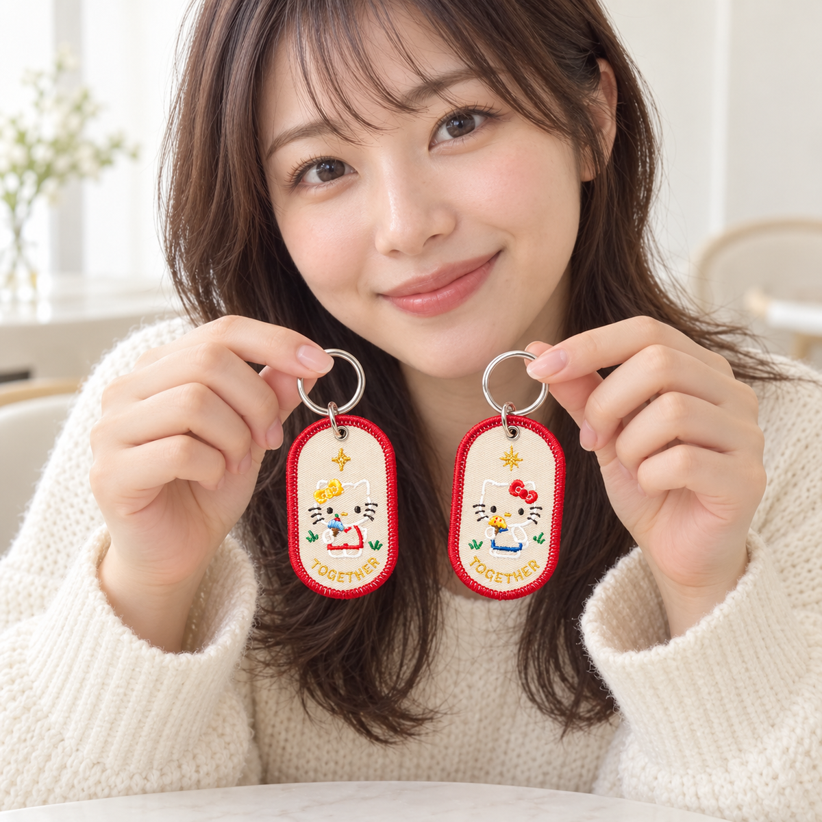 AI-generated Japanese adult model holding the two embroidered keyrings