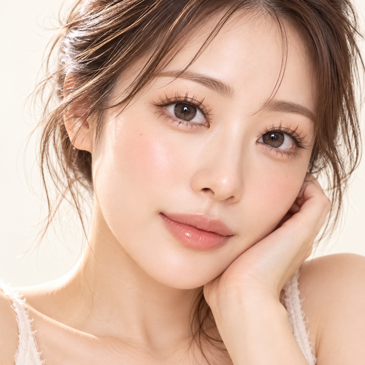 Illustrative model image showing a natural fox-eye lash look