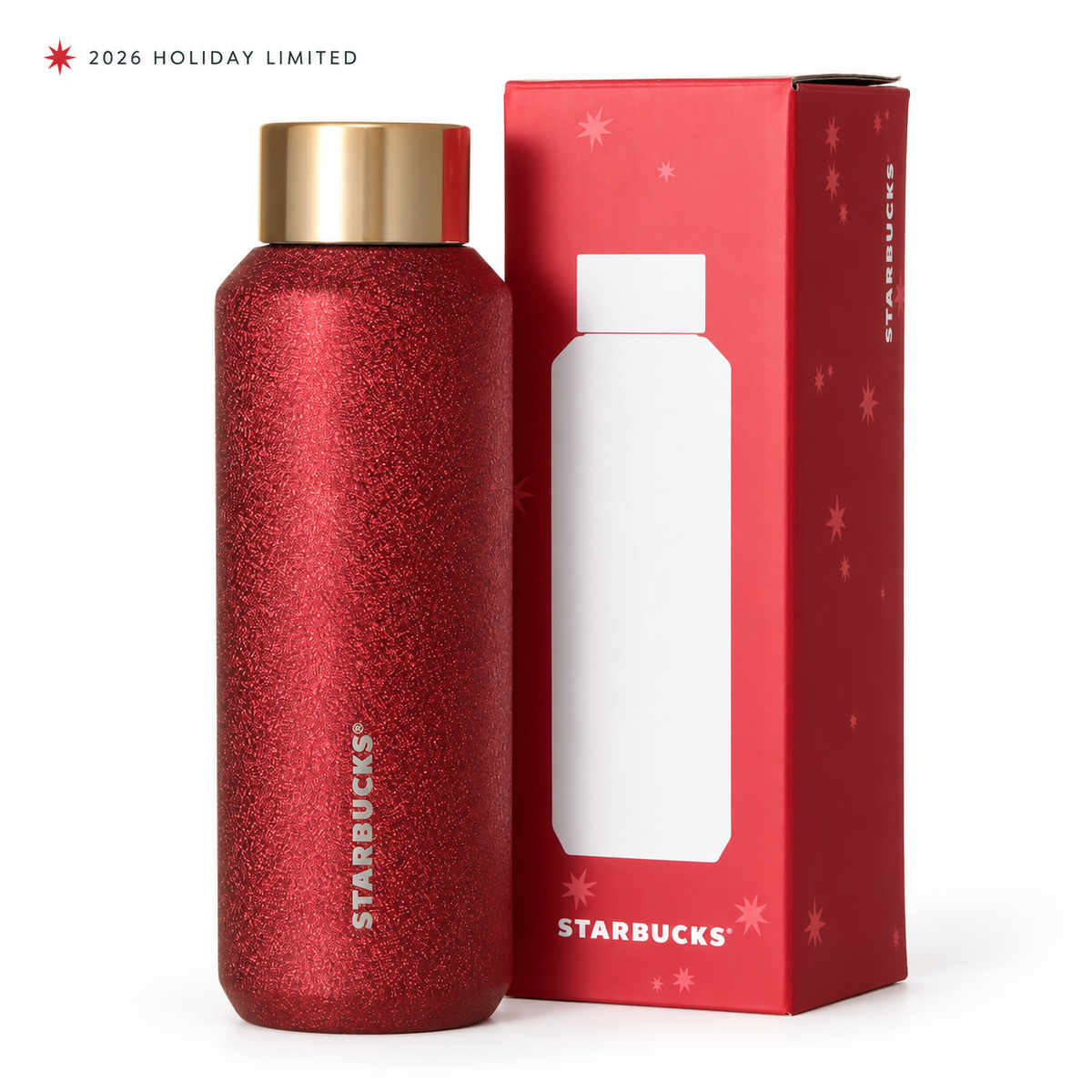 Starbucks Japan Holiday 2026 glitter red bottle and gift box