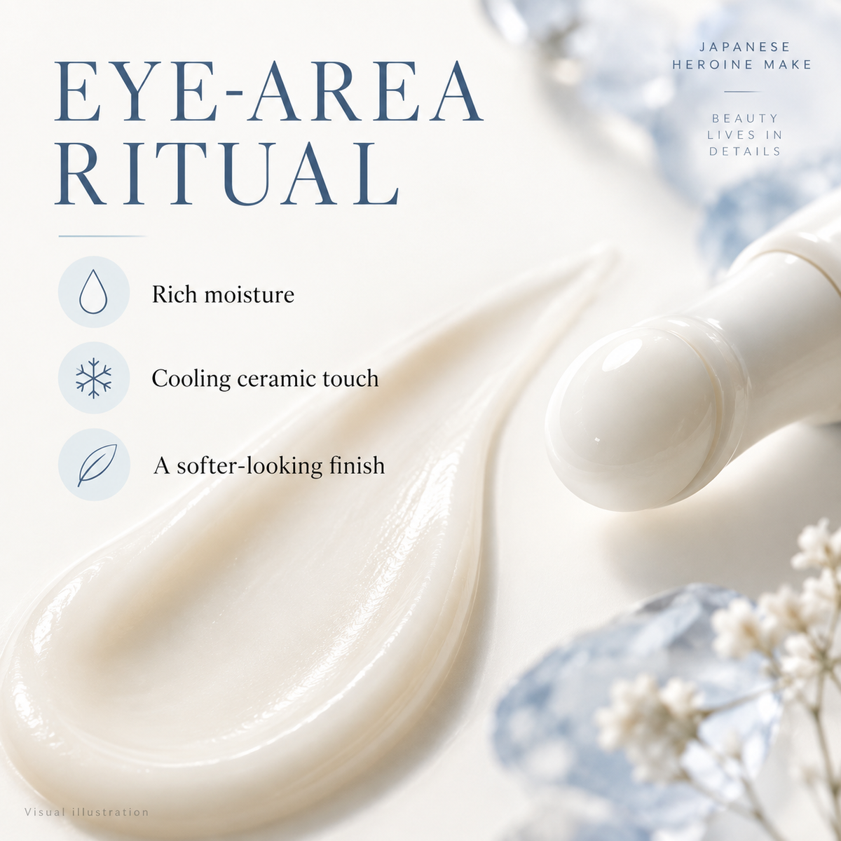 Eye-area ritual feature illustration: rich moisture and cooling ceramic touch