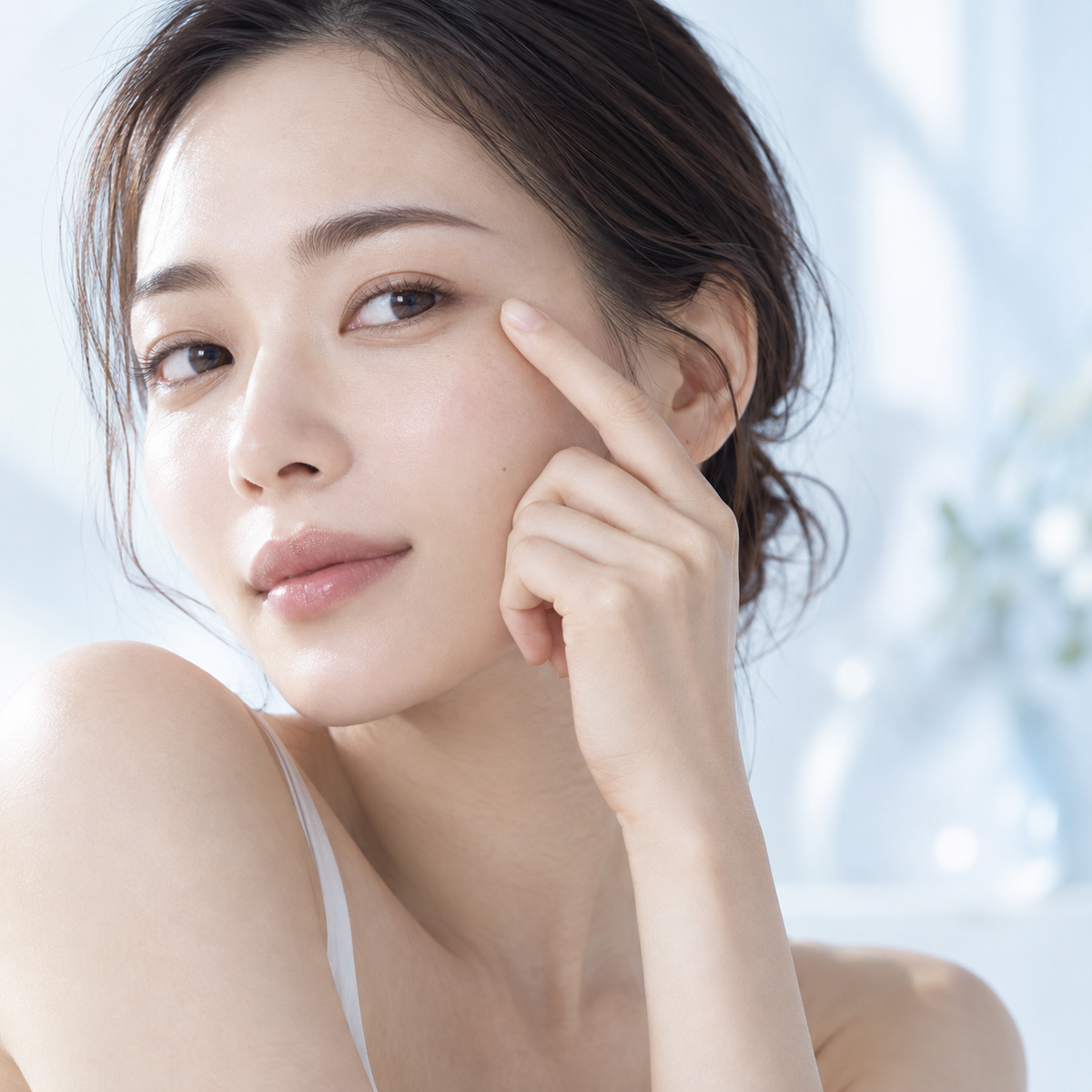 Japanese model demonstrating gentle eye-area care; illustrative image