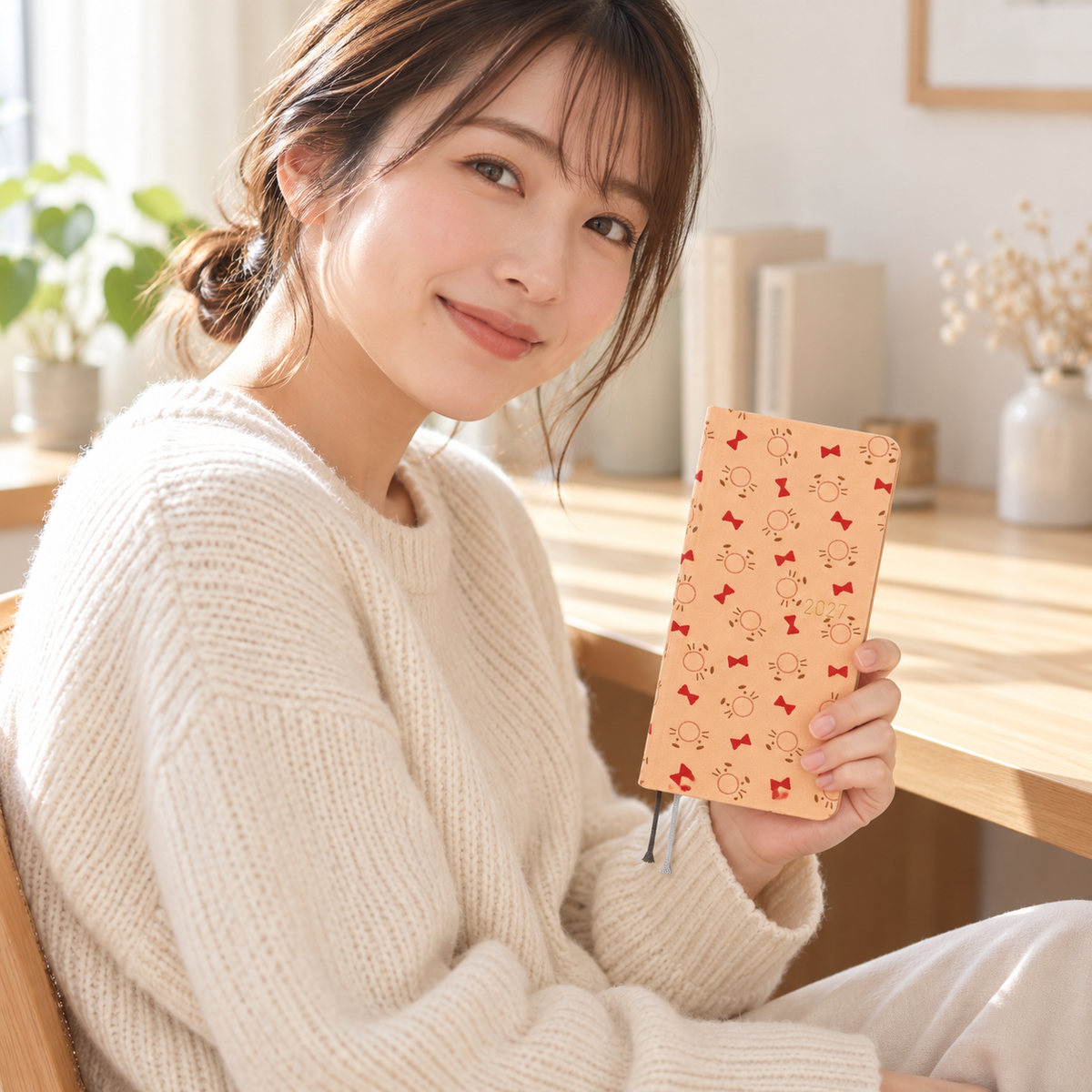 Japanese model holding slim Hobonichi Weeks planner