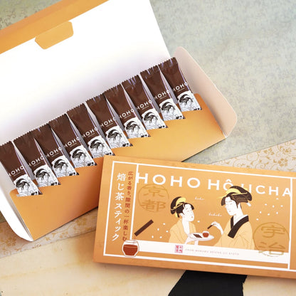 Official open box showing ten individually packed roasted tea sticks