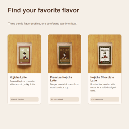 Comparison of the three HOHO HOJICHA latte flavors
