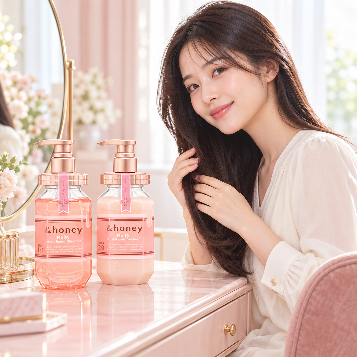 Melty haircare routine with Japanese model