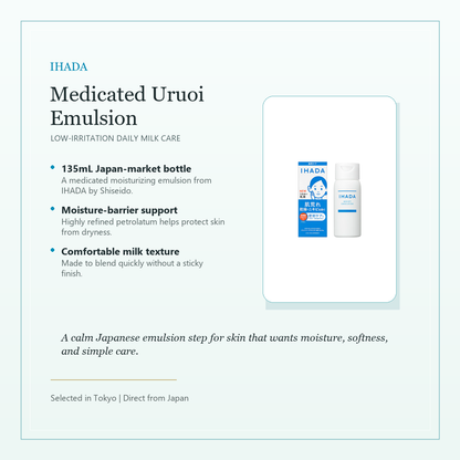IHADA Medicated Uruoi Emulsion elegant overview with aqua accent