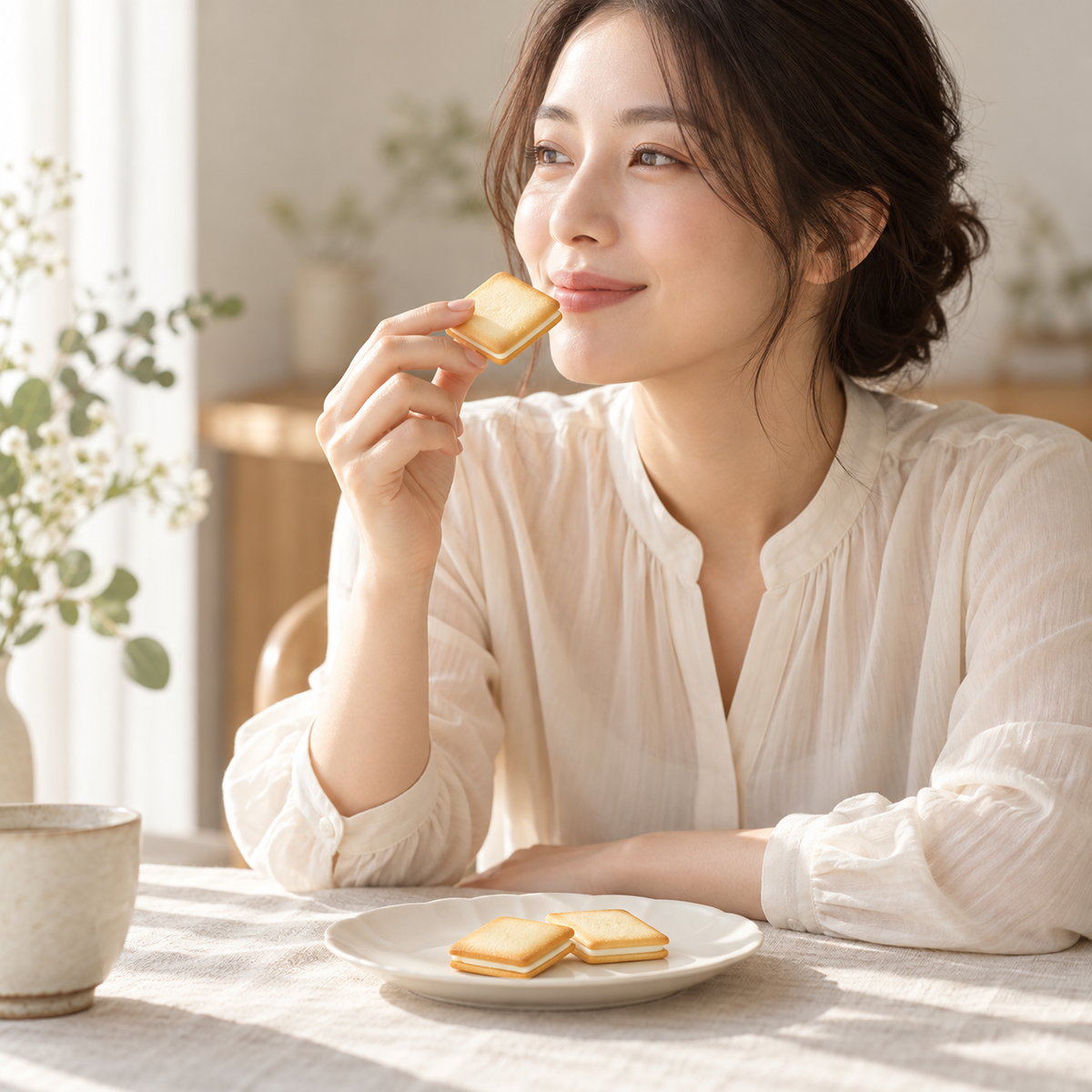 Illustrative serving scene with a Japanese woman and sandwich cookies