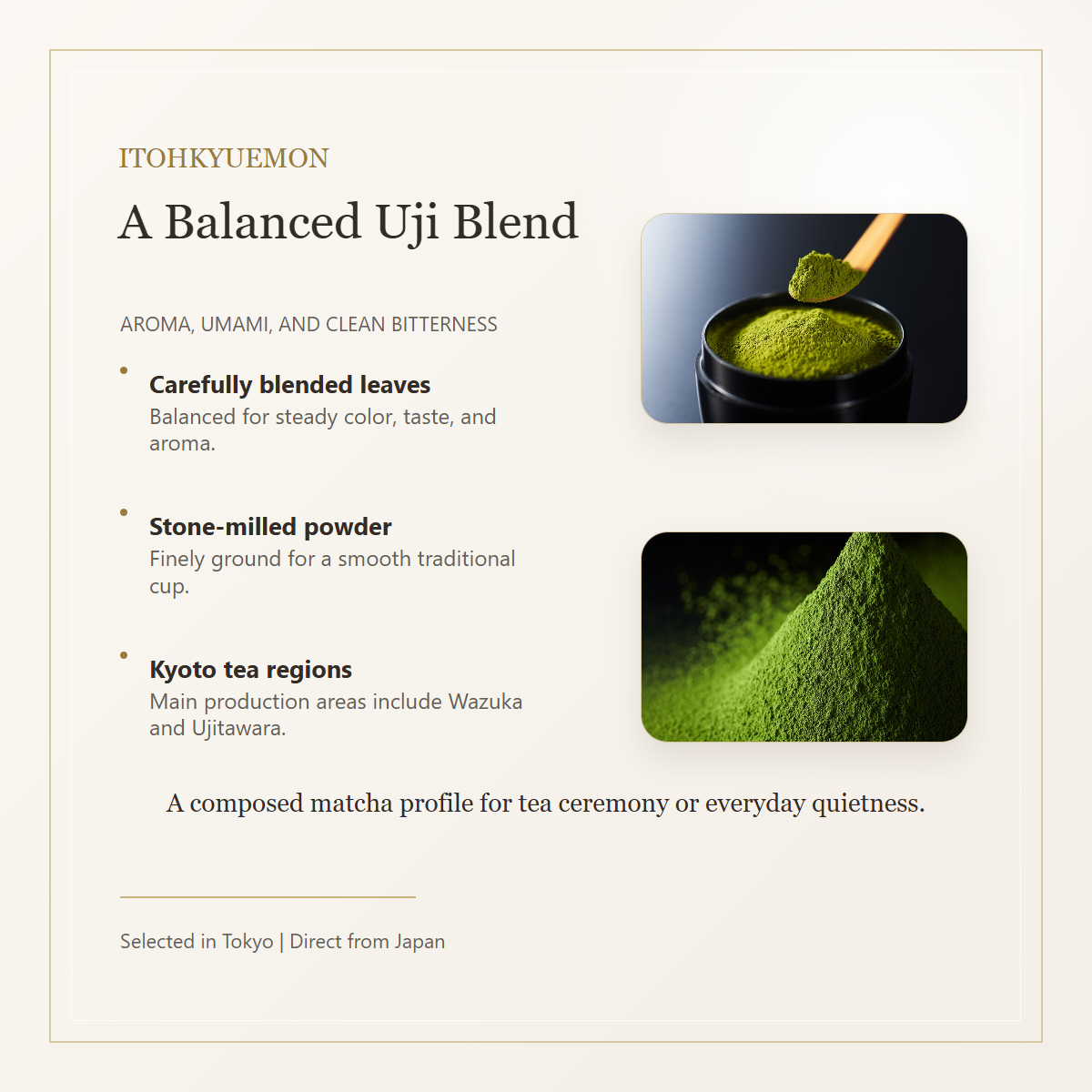 Itohkyuemon Seijyu no Mori Uji Matcha blend and stone-milled powder
