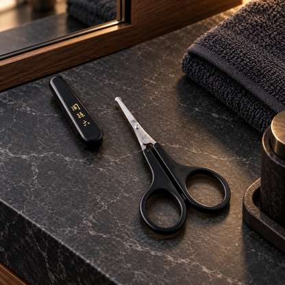KAI Seki Magoroku safety scissors in a refined grooming setting
