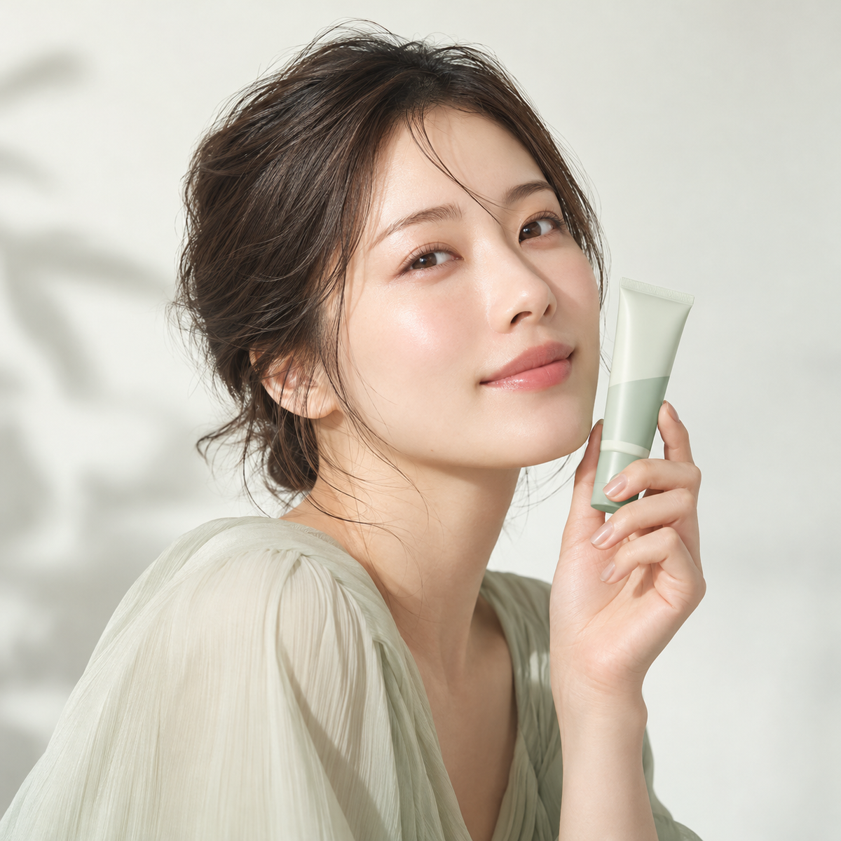Japanese model with Cica Green primer; illustrative image