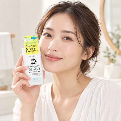 Japanese model holding KANSOSAN Medicated Moisture Essence Lotion