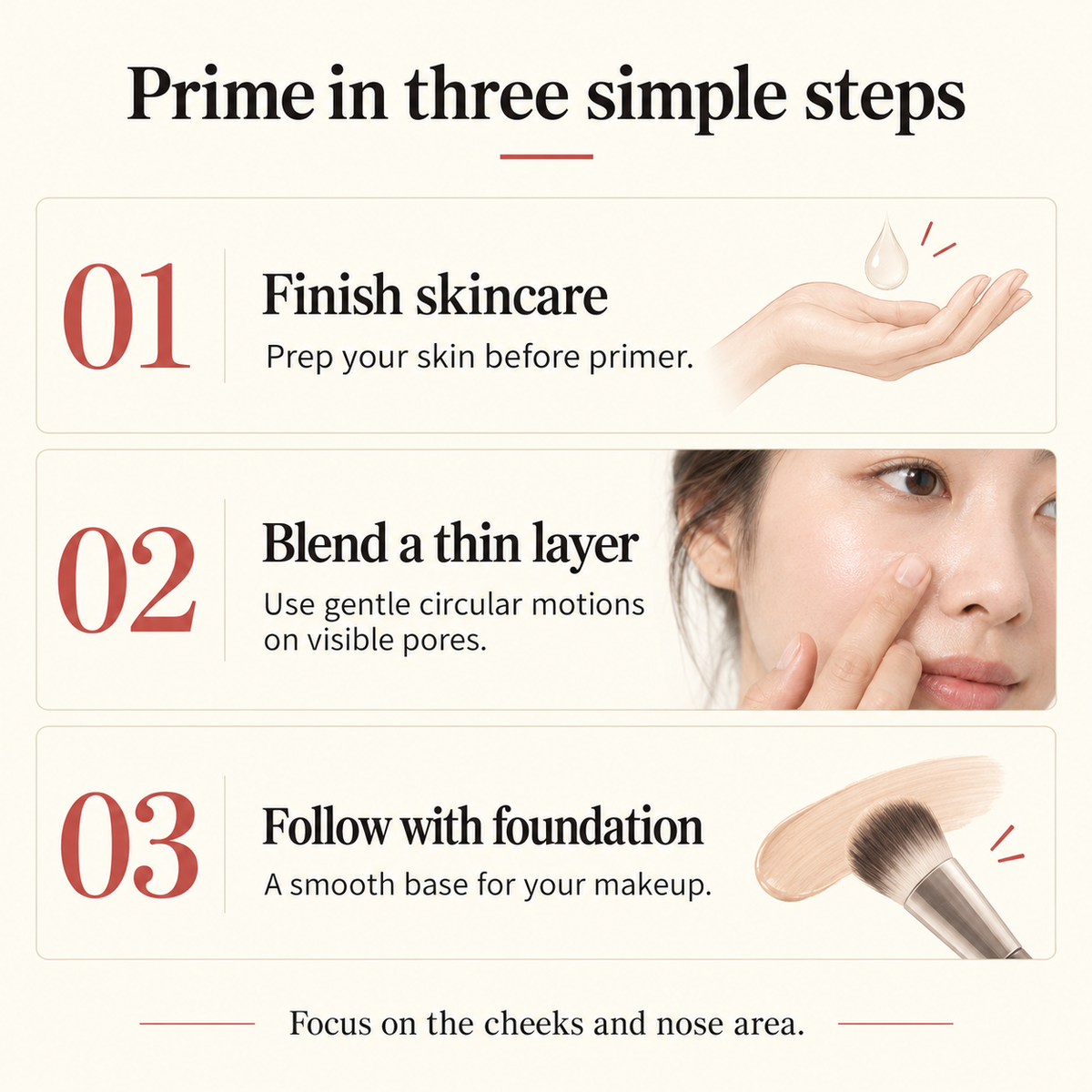 Three steps to apply primer before foundation