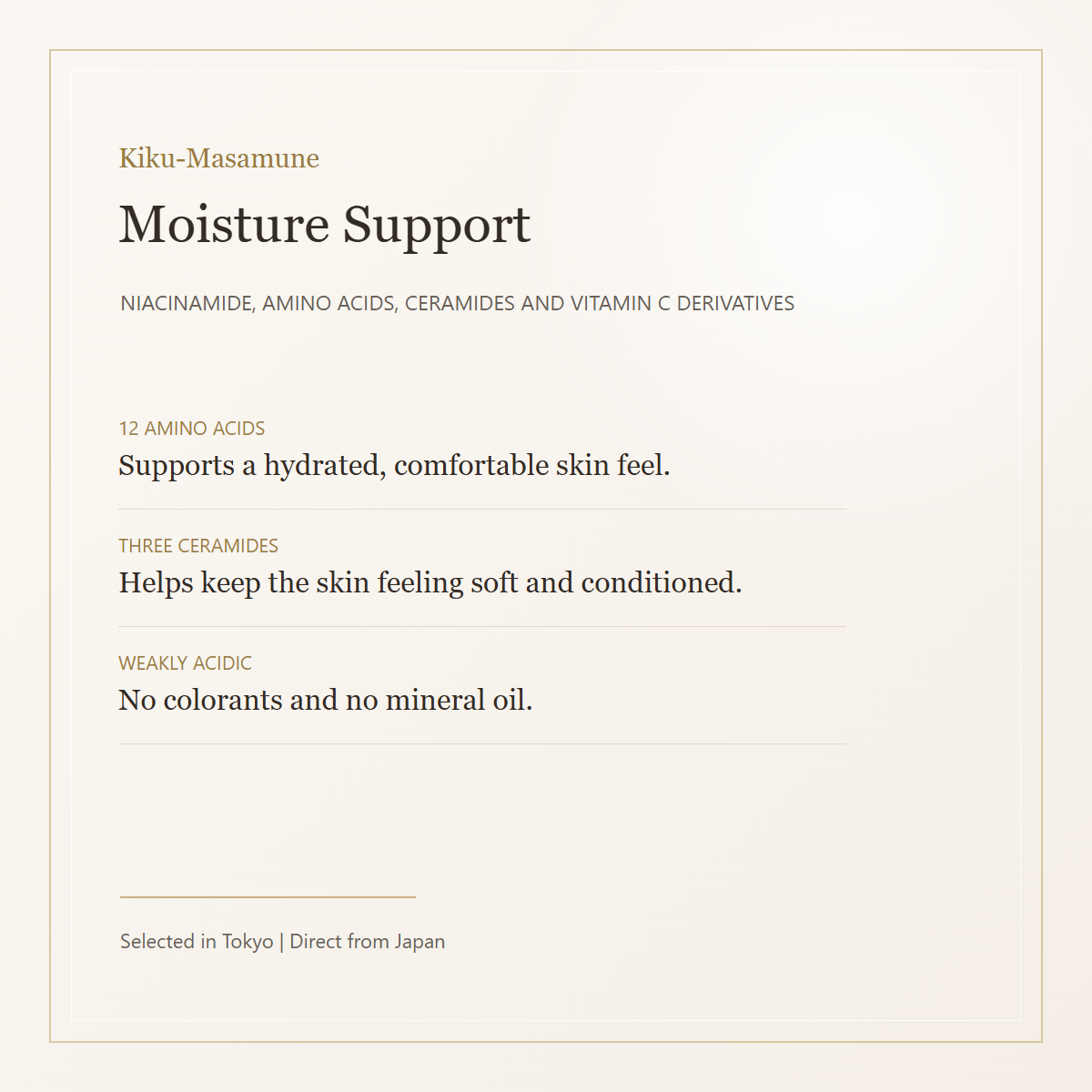 Kiku-Masamune Sake Essence NA5 moisture support ingredients card