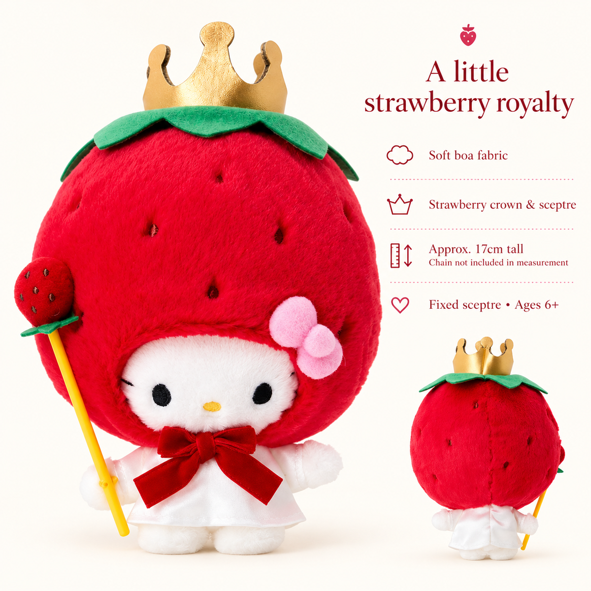 Hello Kitty Strawberry King mascot features — 17cm tall, fixed sceptre, ages 6+