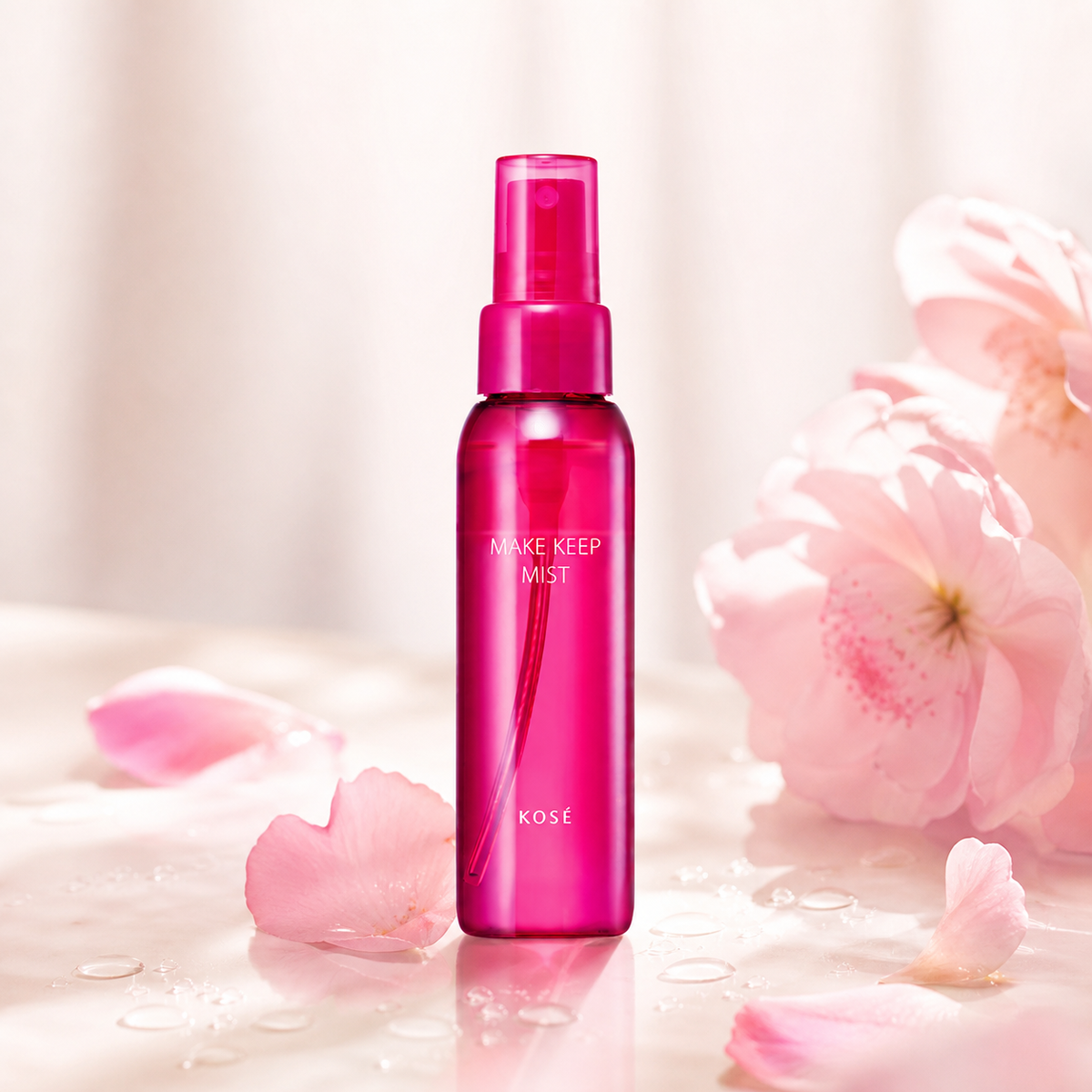 KOSE Make Keep Mist EX+ 80mL in a refined pink beauty still life