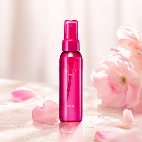 KOSE Make Keep Mist EX+ 80mL in a refined pink beauty still life