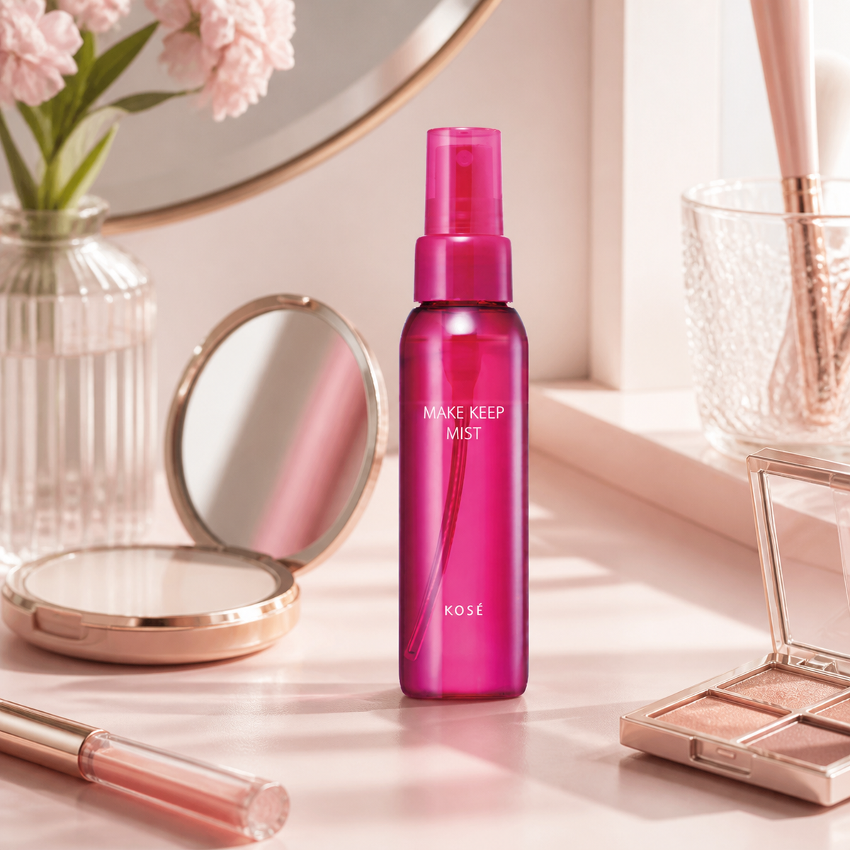 KOSE Make Keep Mist EX+ on a makeup vanity