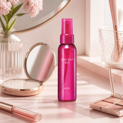 KOSE Make Keep Mist EX+ on a makeup vanity