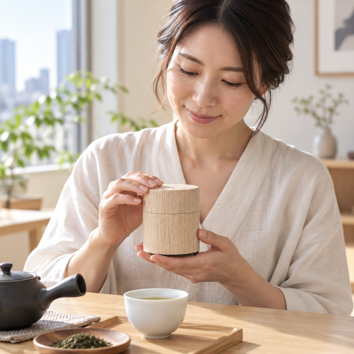 Japanese tea moment with Nuku Mori Oak tea canister