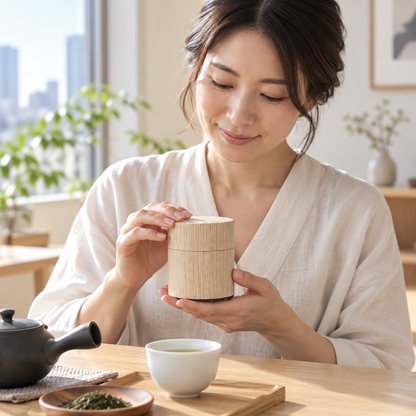 Japanese tea moment with Nuku Mori Oak tea canister