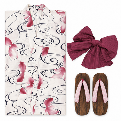 Ivory yukata, burgundy heko obi and wooden geta three-piece set