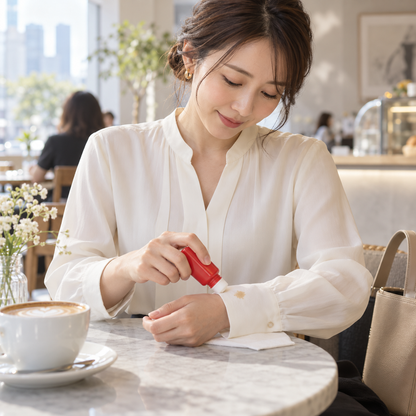 Japanese woman using portable stain care on a blouse, illustrative