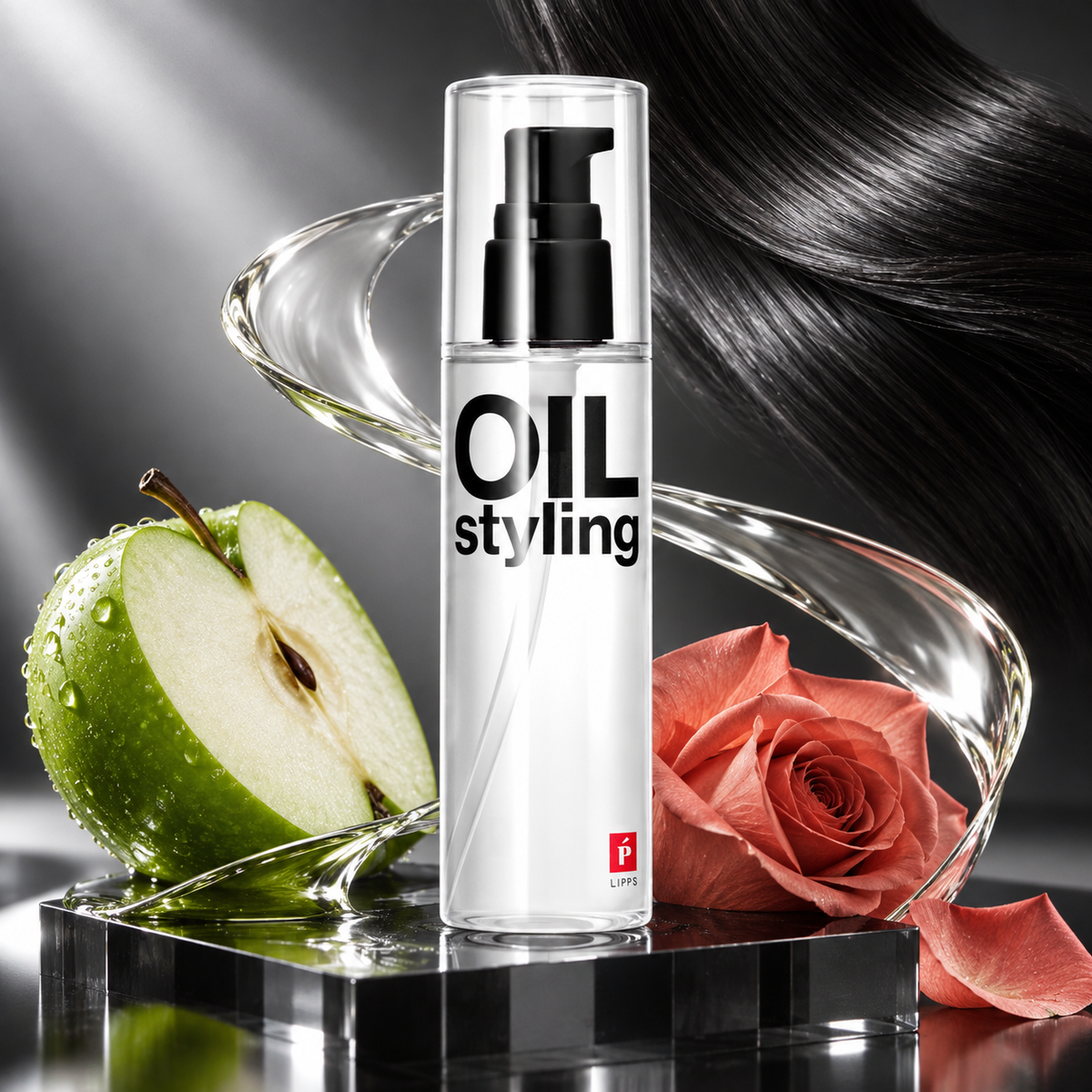 LIPPS Base Styling Oil with apple green and rose fragrance concept