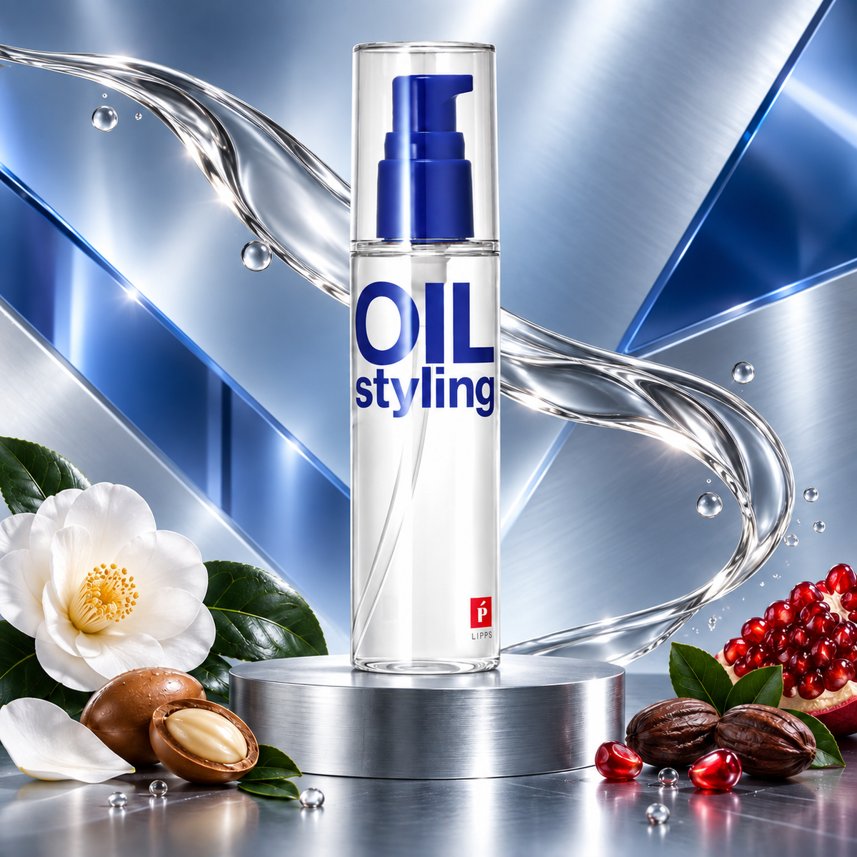 LIPPS Base Styling Oil Damage with botanical oils and blue metallic background