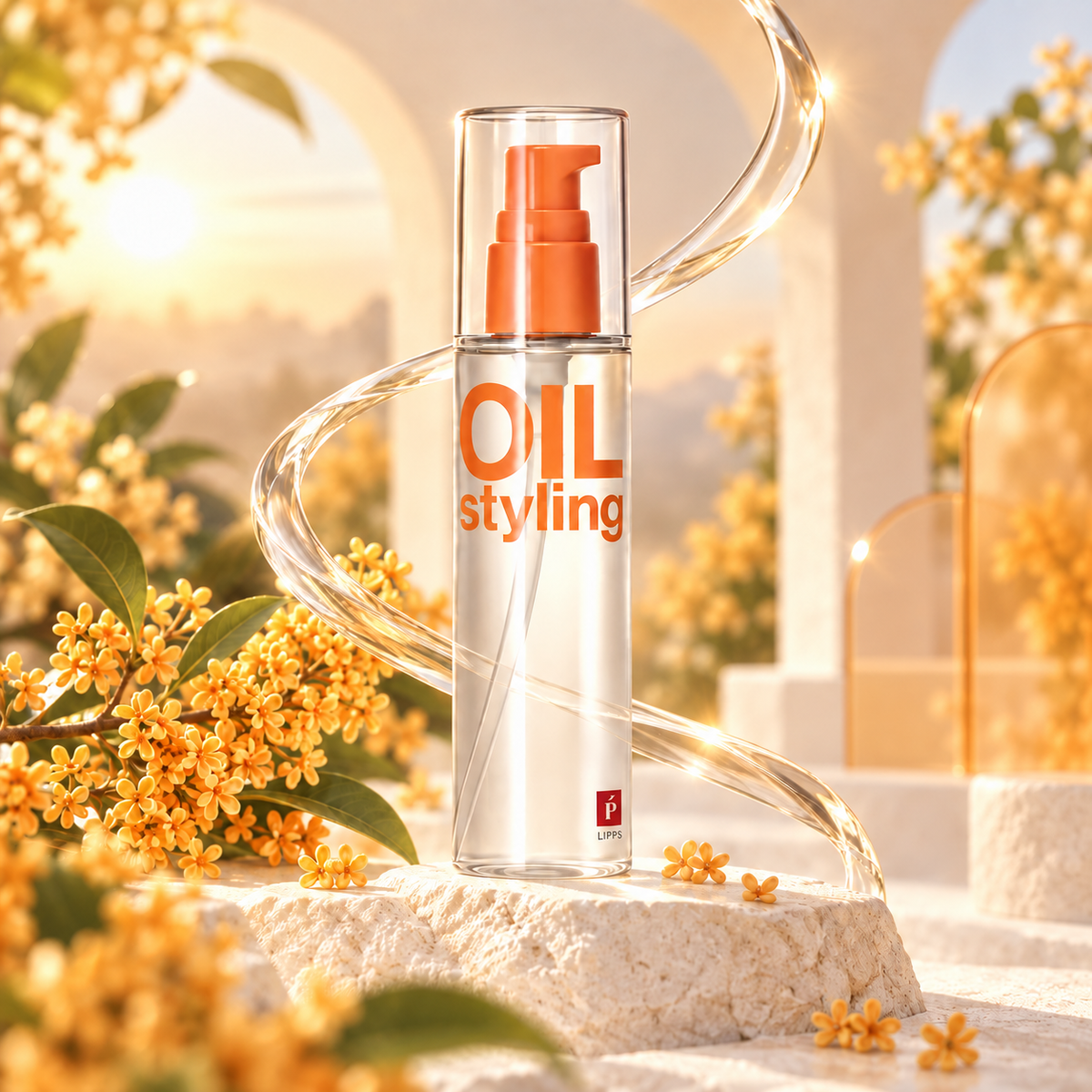 LIPPS Base Styling Oil Early Morning with osmanthus and warm architectural background