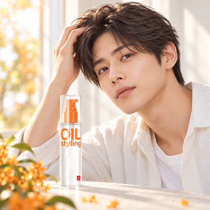 Man creating a natural morning hairstyle with LIPPS Base Styling Oil Early Morning