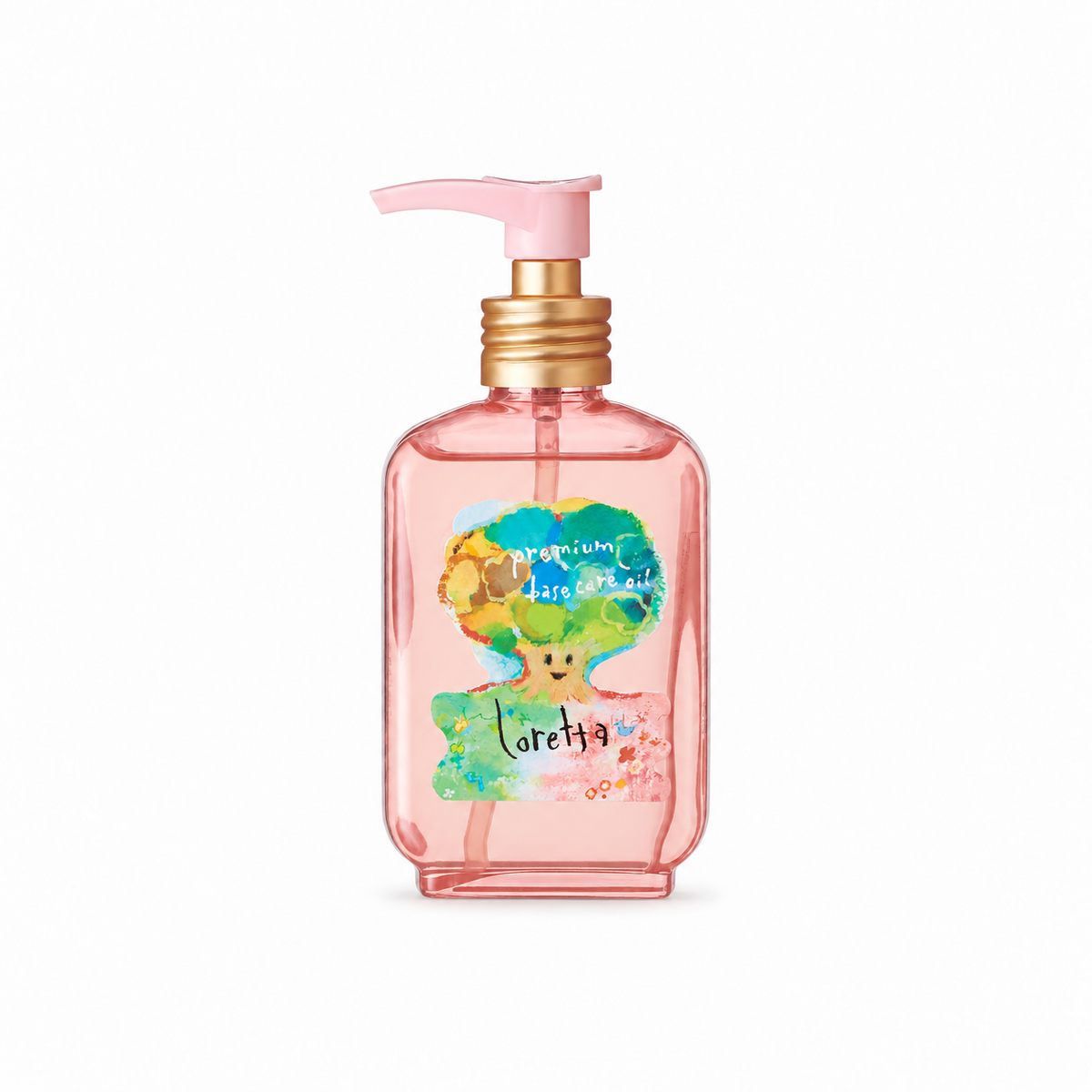 Loretta Premium Base Care Oil 100mL pink glass pump bottle on white