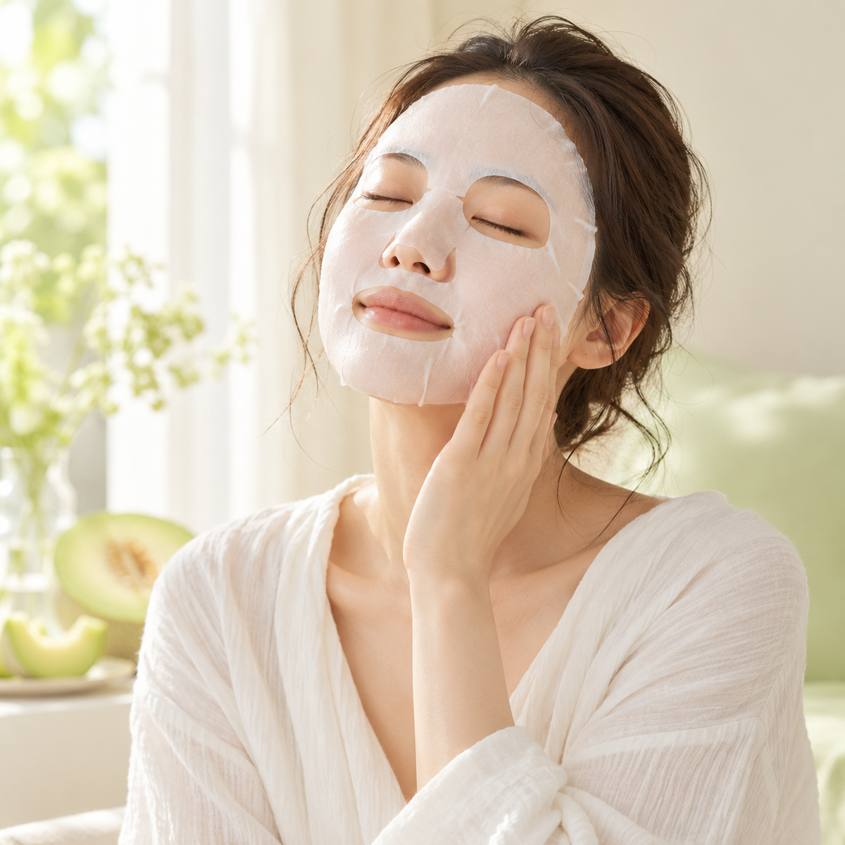 Modelo ilustrativo de skincare usando uma máscara de folha para Hokkaido LuLuLun