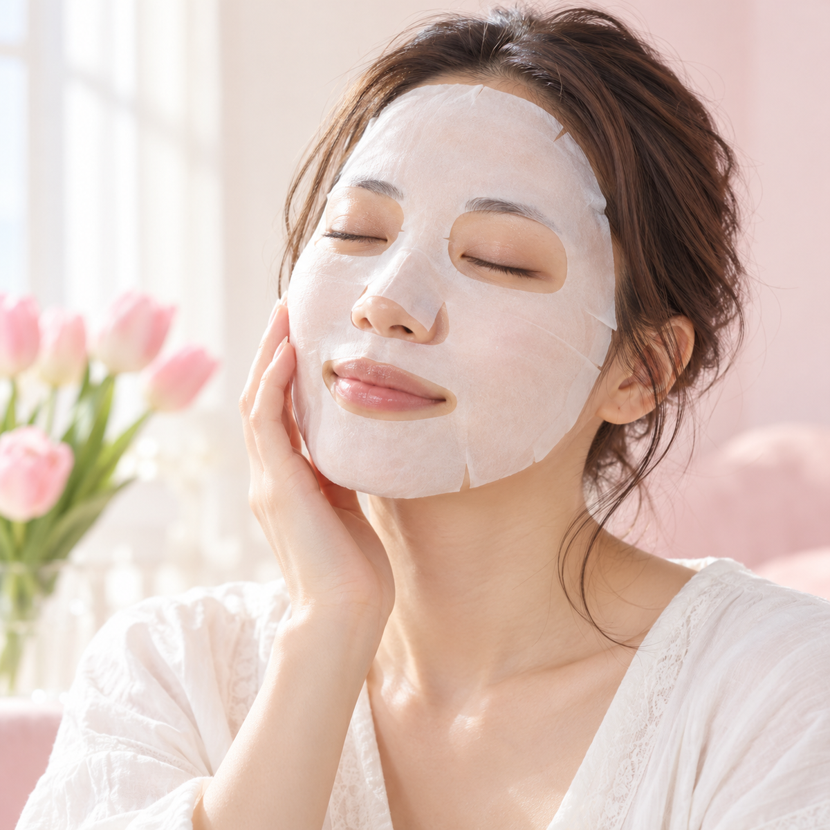 Illustrative skincare model wearing a sheet mask for Nagasaki LuLuLun
