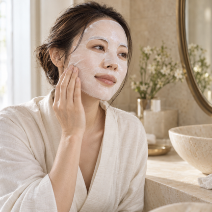 Japanese woman gently fitting a sheet mask during her skincare routine