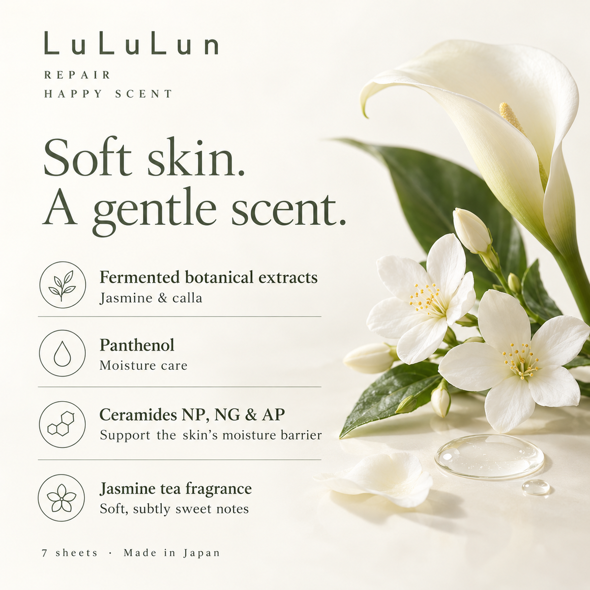 LuLuLun Repair botanical extracts, panthenol, ceramides and jasmine tea fragrance
